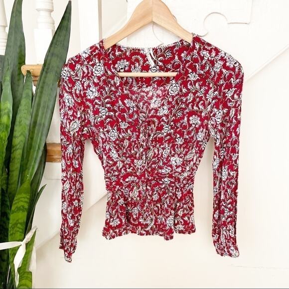 Anthropologie Feather Bone Latrobe Floral Lace Up Smocked Peplum Blouse Size 0 - Picture 1 of 10